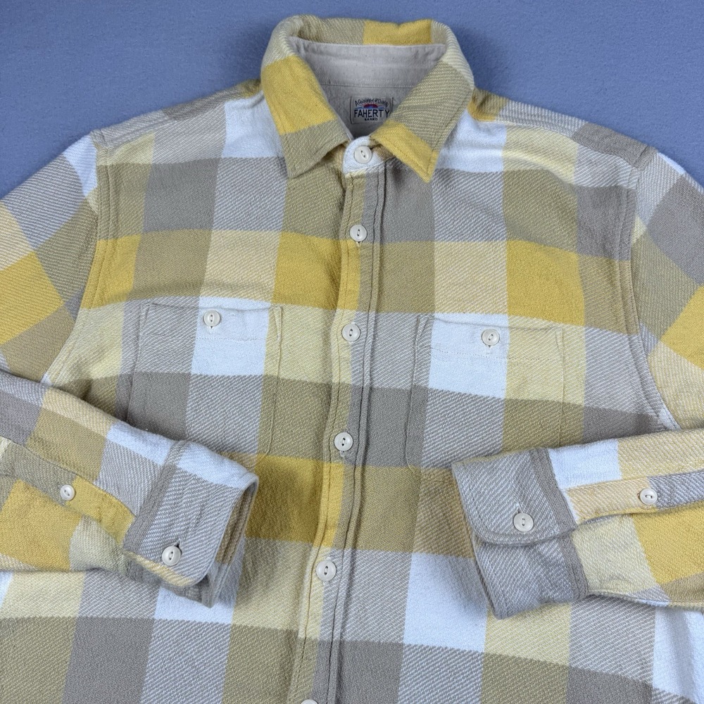 Faherty The Surf Flannel Men M Yellow Plaid Organic Cotton Pocket LS Travel